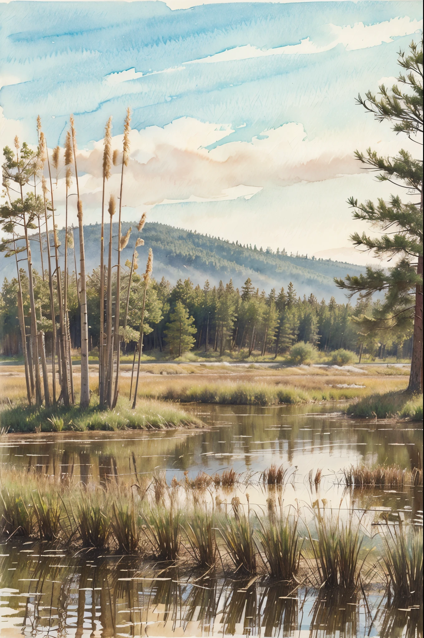 Watercolor painting of a field of cattails and other reeds along with some pine trees in the background