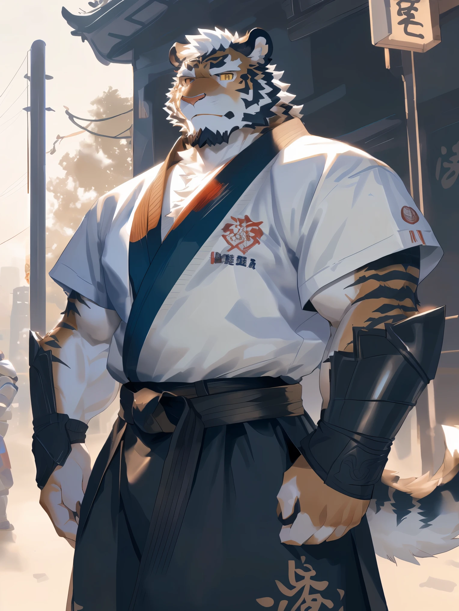 (White skintiger),(上Half Body赤裸:1.7),(martial arts衣服:1.4),(Holding a long sword),(Awesome posture),Standing calmly,(The background is a city with an ancient atmosphere，There are busy vendors in the city:1.8),(Abdominal muscles),heroic posture飒爽,完美的masterpiece,Various facial details,Close-up view,specific description,masterpiece,(cg),(Golden Eyes),Black and white pattern,Black and white tail,,heroic posture,tiger,Black and white fur，Concrete facial details,Half Body,(Chang Ling),((middle aged)),(Face Focus),(16k),(HD),black and white belly，temple，beard,(Face lines),(Heterochromia,),(Black and white hair),(Strong:1.2),(muscle:1.3),(high resolution:1.3),(Close up),(Detailed face:1.5)，Perfect details,(Half Body),(Detailed depiction of the face:1.5),(Zoom in on the face:1.5),(白色Face lines:1.2),(黑色beard:1.3),(White face:1.6),(white body),(White skin,black strips:1.3),(White cheeks:1.5),(The skin color of the face is white:1.3),cg,(The smell of quacks:1.3),(martial arts:1.5),(Knight:1.5),(Realism),Wine jug around the waist,