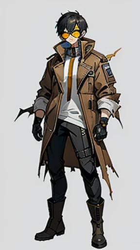 ((Concept ART)) ,(( best quality)), human Male , Pointy Black short hair , wearing cyberpunk outfit ,(( Brown wearing Torn Jacket)) , wearing Head goggles, wearing Boots , Full body , yellow eyes , whiter shirt