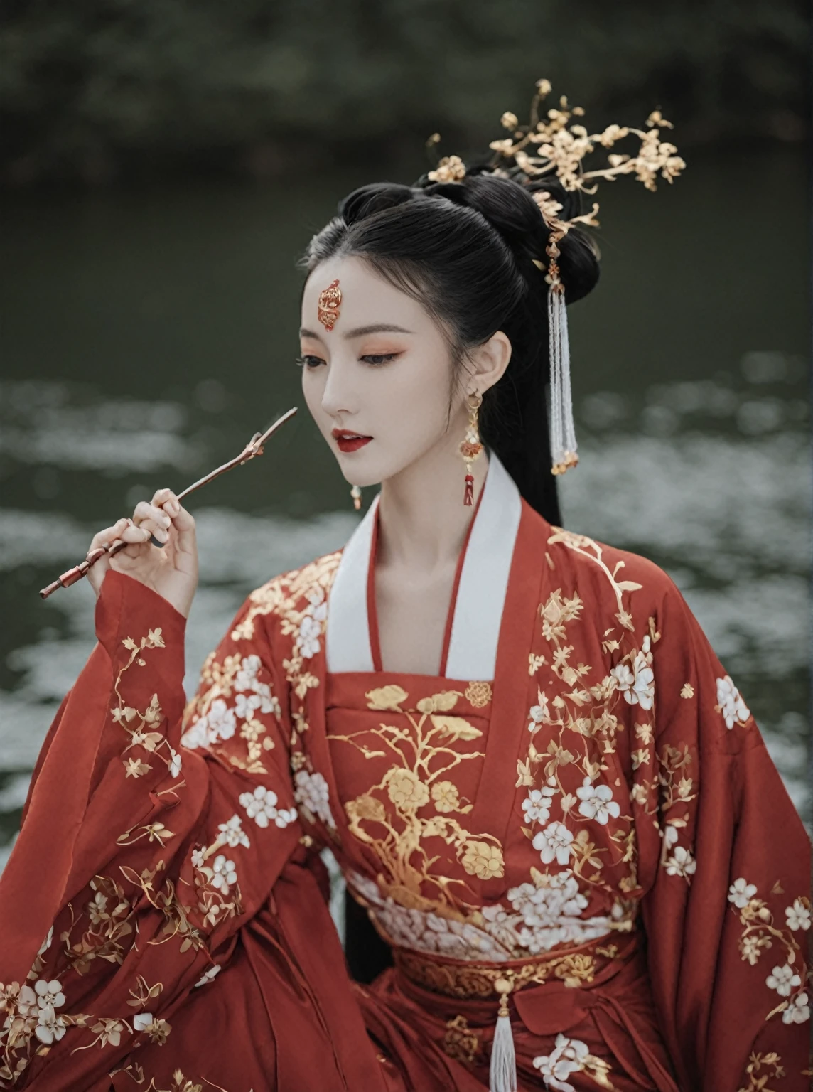 Whimsical and fun, Movie照片 水墨画 轻汉服,Portraits inspired by traditional Chinese art, Woman in Hanfu. peaceful的风景让人想起宋明时期中国古典画作中的peaceful. The golden calligraphy font and red seal add a lot of color to the whole scene, Everything is infused with a rich soft golden hue, White, and crimson.tilt frame, Brings a feeling of tension or energy.,peaceful, Quiet environment. . monochrome, loose, body fluid, expressive, Beautifully,rich and colorful . 35mm Photo, Movie, Bokeh, professional, 4K, Very detailed, full of imagination, fantastic, bright colors, Programming, Happy, Whimsical and fun