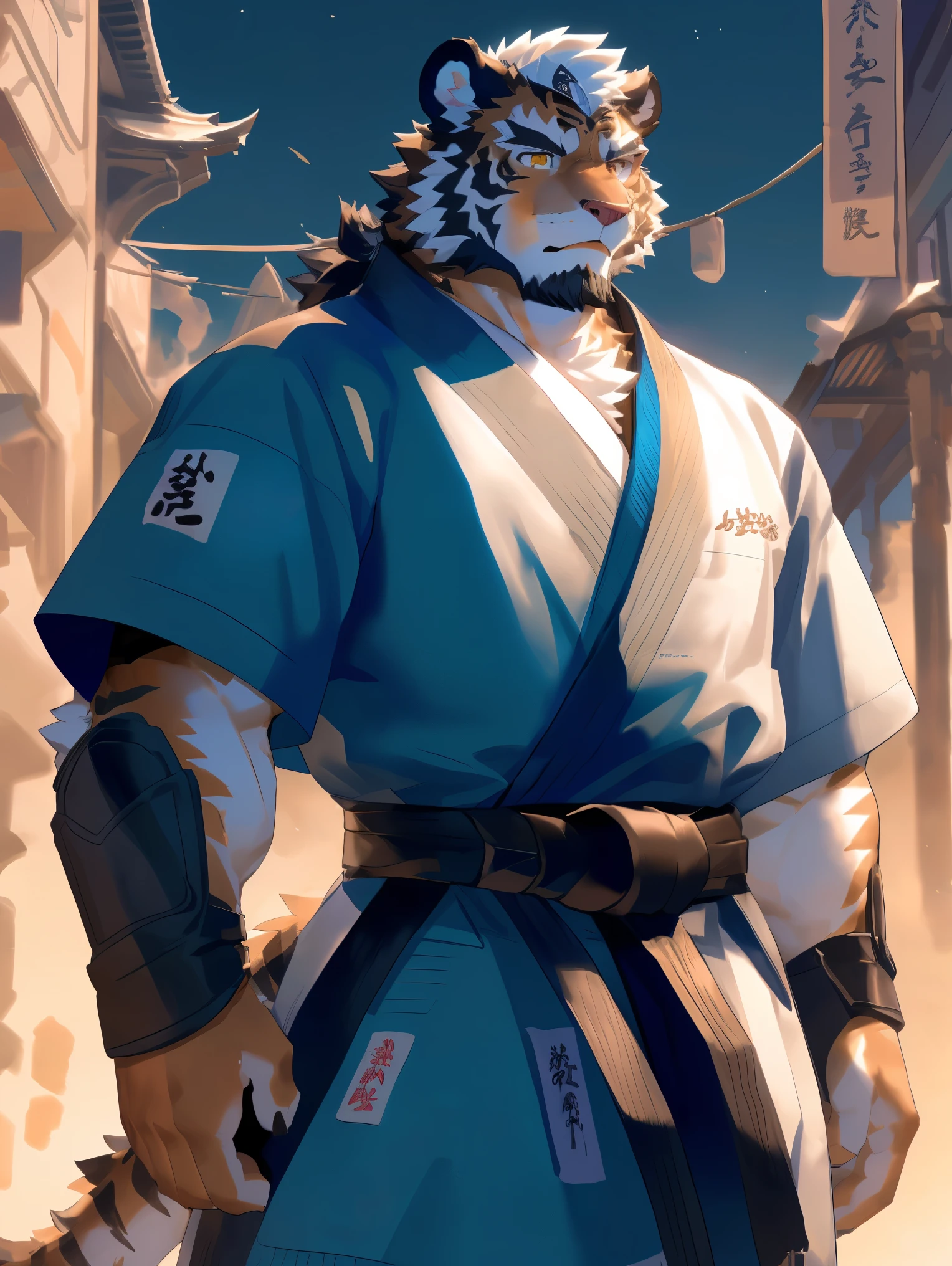 (White skintiger),(上Half Body赤裸:1.7),(martial arts衣服:1.4),(Holding a long sword),(Awesome posture),Standing calmly,(The background is a city with an ancient atmosphere，There are busy vendors in the city:1.8),(Abdominal muscles),heroic posture飒爽,完美的masterpiece,Various facial details,Close-up view,specific description,masterpiece,(cg),(Golden Eyes),Black and white pattern,Black and white tail,,heroic posture,tiger,Black and white fur，Concrete facial details,Half Body,(Chang Ling),((middle aged)),(Face Focus),(16k),(HD),black and white belly，temple，beard,(Face lines),(Heterochromia,),(Black and white hair),(Strong:1.2),(muscle:1.3),(high resolution:1.3),(Close up),(Detailed face:1.5)，Perfect details,(Half Body),(Detailed depiction of the face:1.5),(Zoom in on the face:1.5),(白色Face lines:1.2),(黑色beard:1.3),(White face:1.6),(white body),(White skin,black strips:1.3),(White cheeks:1.5),(The skin color of the face is white:1.3),cg,(The smell of quacks:1.3),(martial arts:1.5),(Knight:1.5),(Realism),Wine jug around the waist,