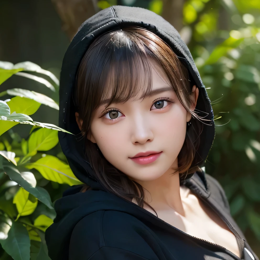 An innocent 20-year-old girl、((Black hoodie, Dramatic whole body pose)),smile,shortcut,garden、RAW Photos, (8k、highest quality、masterpiece:1.2)、(Intricate details:1.4)、(Photorealistic:1.4)、Octane Rendering、Complex 3D rendering with ultra-detail, studio soft light, Rim Light, Vivid details, Super Detail, Realistic skin texture, Detailed aspect, Beautiful details in the eyes, Highly detailed CG Unity 16k wallpaper, compensate, (Detailed Background:1.2), Glowing Skin, whole body、Cleavage,((standing with hands clasped behind the back、Leaning forward、Angle from above))