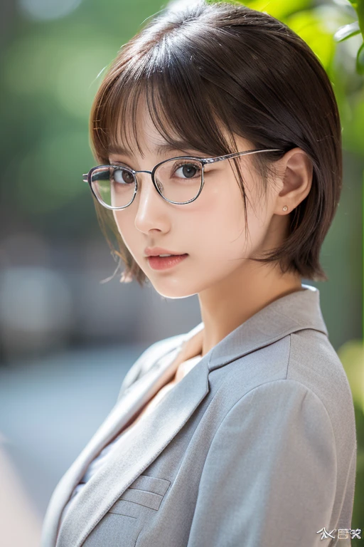 whole body、sexy、Inconspicuous、Quiet、beautiful girl、Japanese、Beautiful breasts、Short Bob、suit、round face、Thin, silver-rimmed round glasses、job hunting、Big Breasts,Ultra-realistic capture, Highly detailed, High resolution 16k close-up of human skin. Skin texture must be natural, With such detail that pores can be finely identified. Skin should look healthy, In a uniform tone. Use natural light and color,(RAW Photo, Best Quality), best Quality, Highly Detailed, Masterpiece, Ultra Detailed