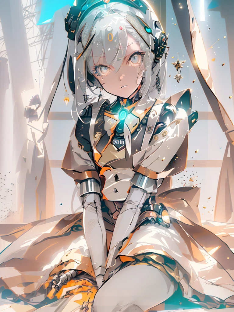 ((Film Grain, Bokeh, Particles of light ,Dust particles, extreme camera angle.)), Dynamic pose, Full body photo of a young and attractive broken cyborg woman, raise an eyebrow, night, Street lamp, Grey Hair