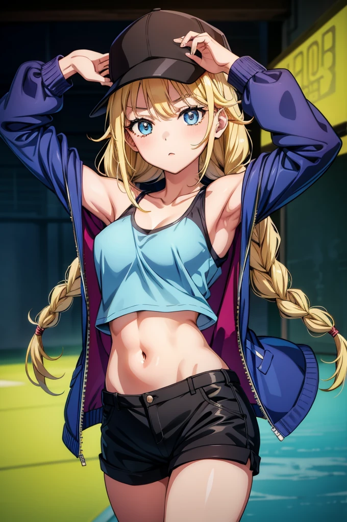 a anime cartoon girl with top on and blazer has hat on, 1girl, solo, blue eyes, hat, shorts, navel, blonde hair, jacket, open jacket, black shorts, open clothes, braid, breasts, looking at viewer, black headwear, baseball cap, stomach, blue jacket, short shorts, twin braids, crop top, armpits, midriff, cowboy shot, arms up, collarbone, long sleeves, bare shoulders
