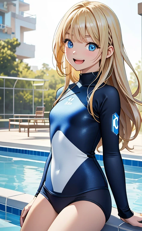 (realistic:1.4、masterpiece、top-quality、8k size wallpaper、offcial art)、(character focus、cowboy shot)、(1girl),(Open mouth happy smile:1.3),(),cute face,blue eyes、()、
,(sit),(Shining smile),
,(slender),(rash guard),(longblonde hair1.3), (small breasts)、
、fluorescence、pool,JK、