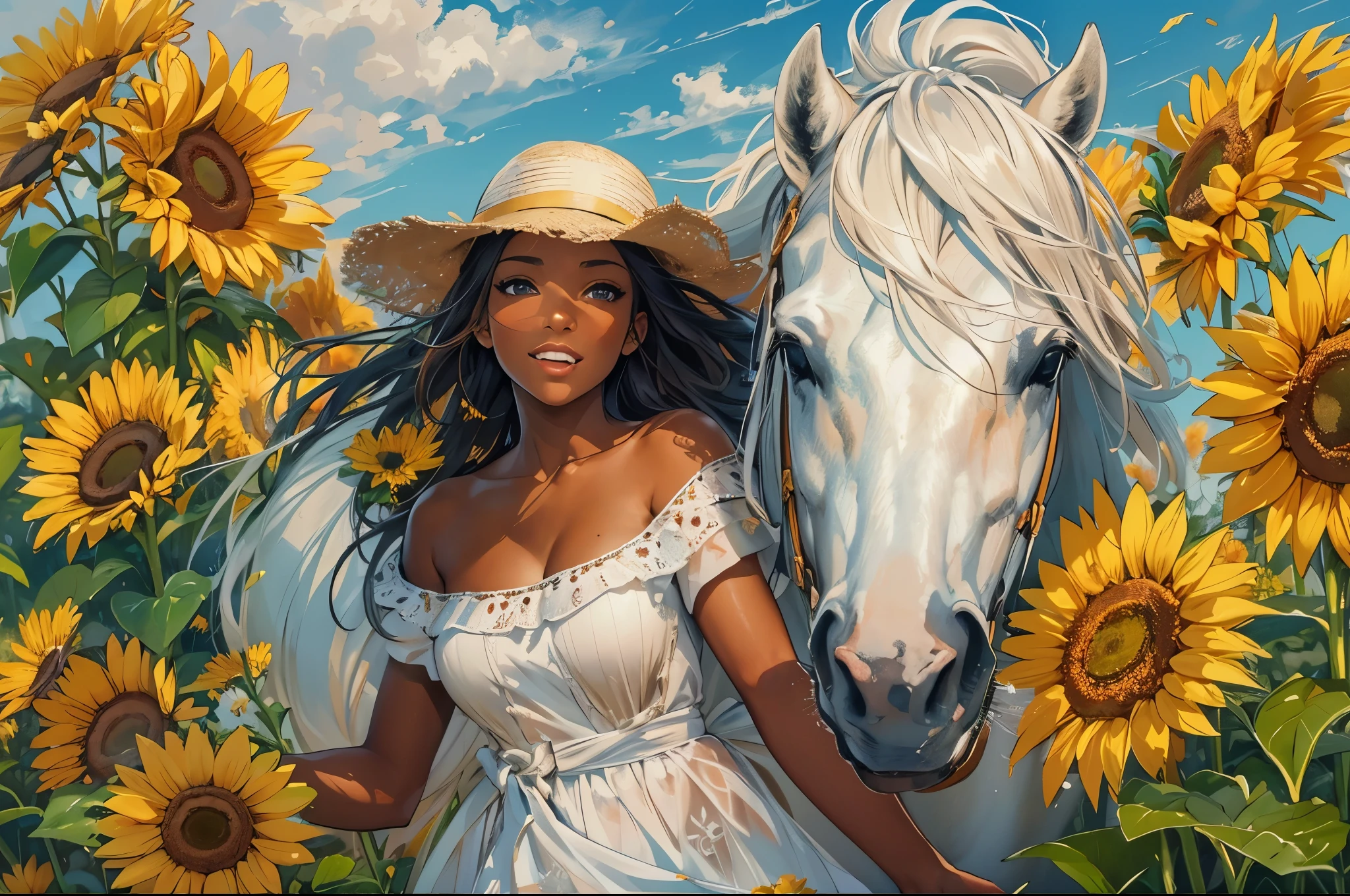 (best quality, highres, realistic), black girl, white horse, sunflower field, beautiful detailed eyes, flowing hair, vibrant colors, joyful expression, galloping horse, golden sunlight, soft shadows, picturesque landscape, oil painting style, realistic textures, detailed grass and flowers, clear blue sky, summer breeze.