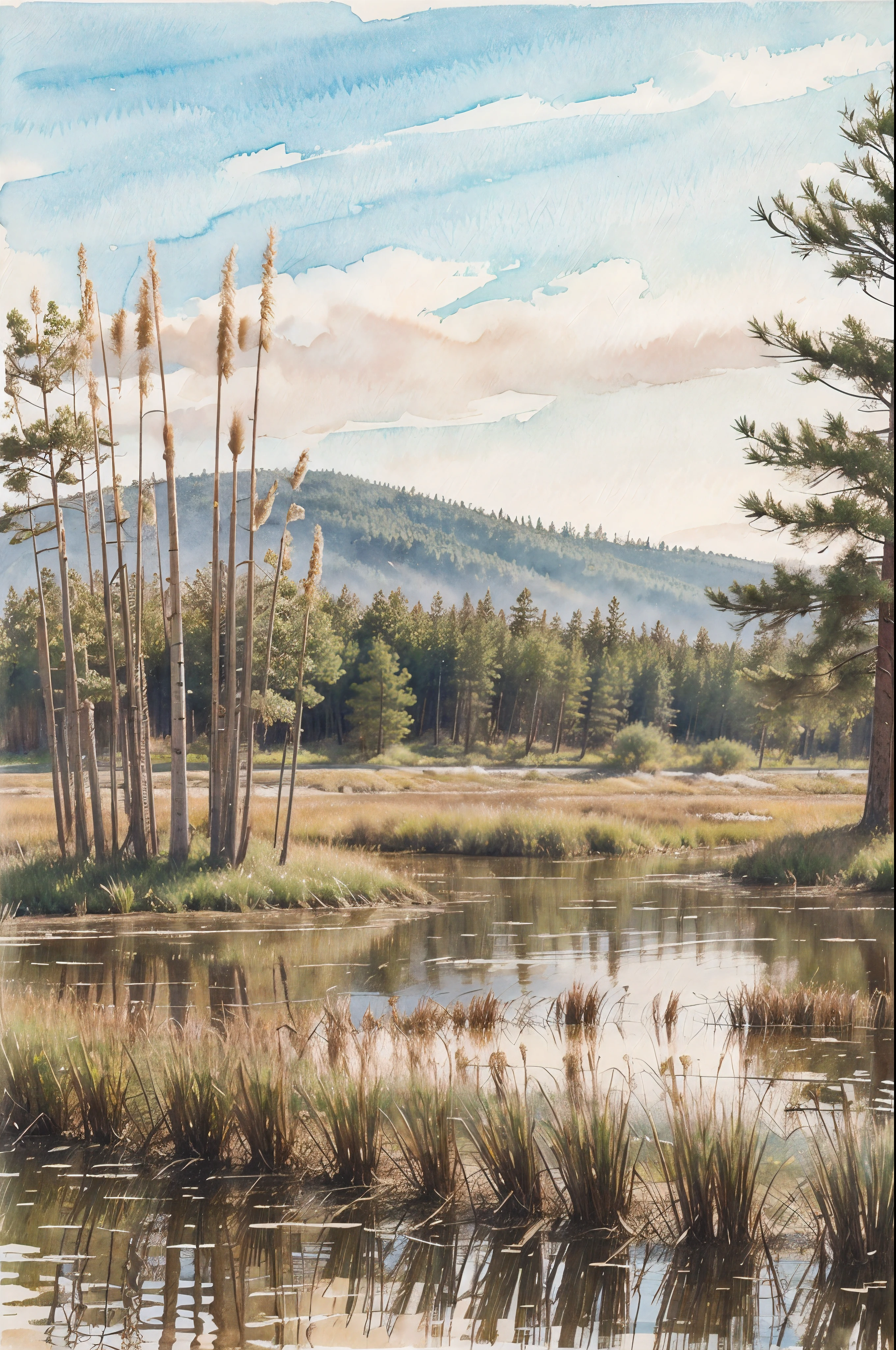 Watercolor painting of a field of cattails and other reeds along with some pine trees in the background