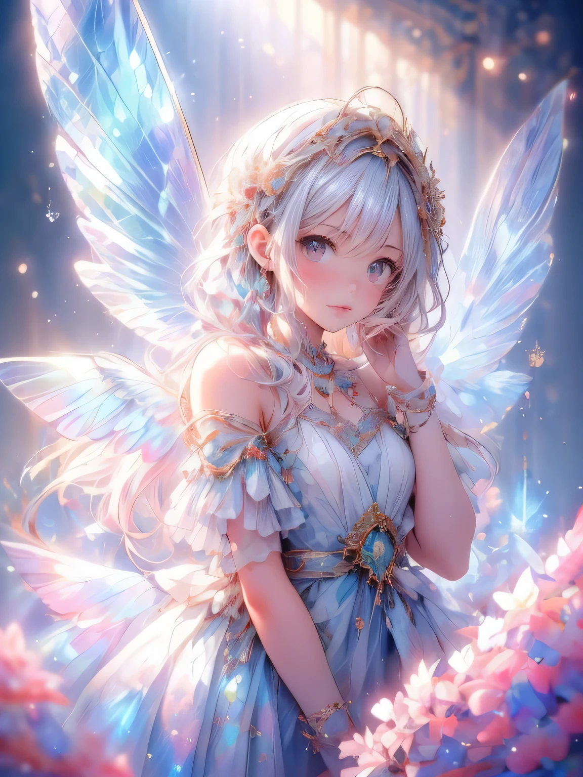 (flapping wings pose), (masterpiece:1.2, 16k, best quality, vibrant colors:1.2, ultra-detaile:1.2, photorealistic:1.37),soft light, 1girl with beautiful delicate butterfly wings(big wings,sparkling rainbow wings),beautiful delicate (eyes, lips), detailed patterns,
iridescent,delicate,gorgeous,ethereal,fluttering feathers,dreamlike scene,airy atmosphere,artistic interpretation,soft and feathery texture,light and airy composition,mesmerizing beauty,smooth and flowing lines,whimsical and magical elements,gentle and graceful movement