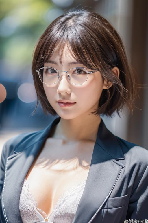 Short Bob、whole body、Facing forward、sexy、Inconspicuous、Quiet、beautiful girl、Japanese、Beautiful breasts、suit、round face、Thin, silver-rimmed round glasses、job hunting、Big Breasts,Ultra-realistic capture, Highly detailed, High resolution 16k close-up of human skin. Skin texture must be natural, With such detail that pores can be finely identified. Skin should look healthy, In a uniform tone. Use natural light and color,(RAW Photo, Best Quality), best Quality, Highly Detailed, Masterpiece, Ultra Detailed