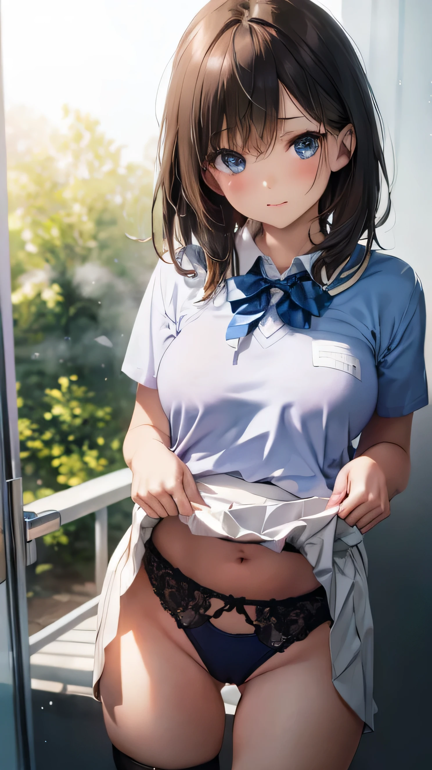 (masterpiece),school girl, sexy, posterior, floral lace undies, natural light, photorealistic, cameltoe, diffused light, depth of field, white skirt, steam, (lift skirt), (urination), lifelike