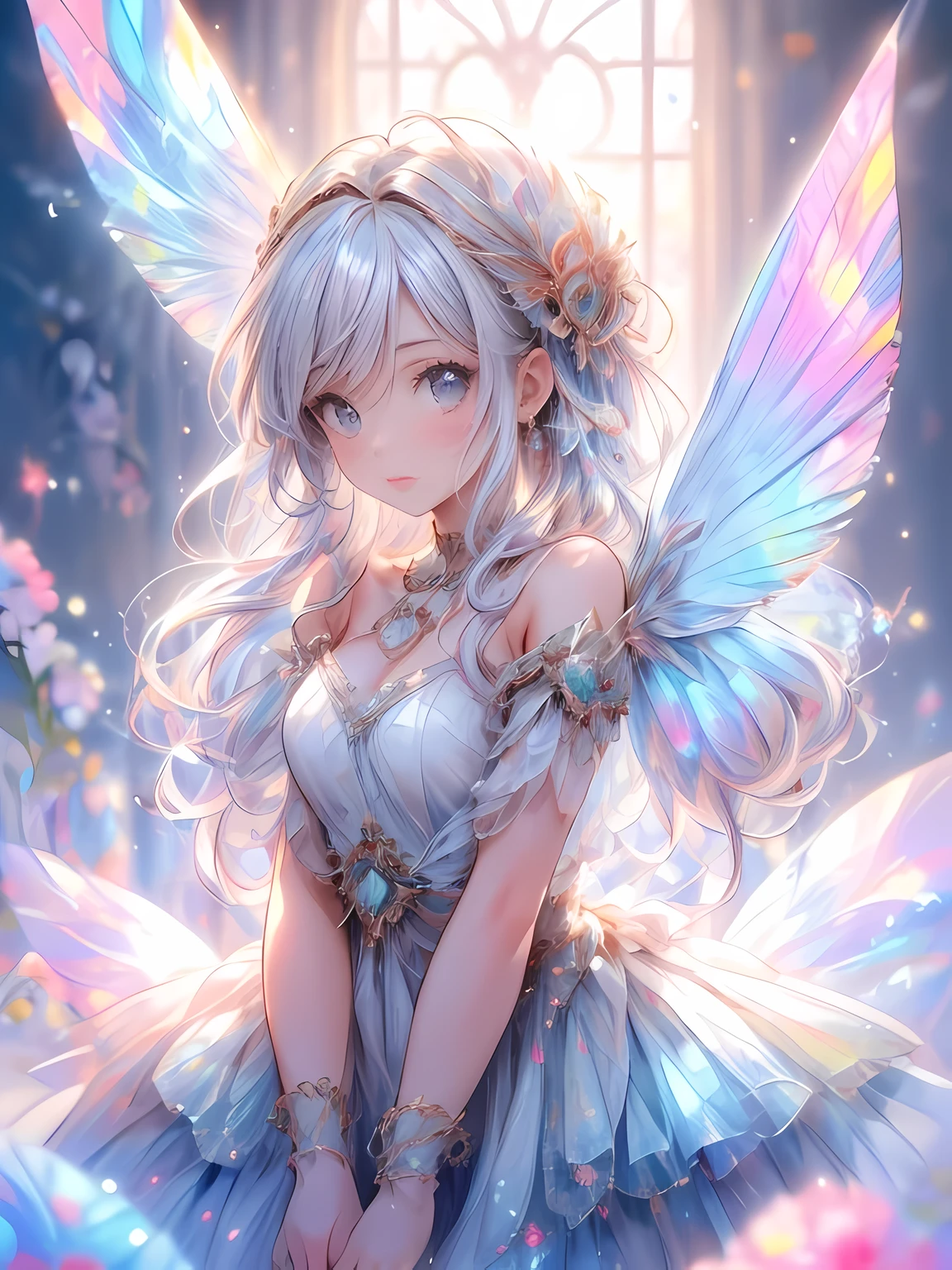 (flapping wings pose), (masterpiece:1.2, 16k, best quality, vibrant colors:1.2, ultra-detaile:1.2, photorealistic:1.37),soft light, 1girl with beautiful delicate butterfly wings(big wings,sparkling rainbow wings),beautiful delicate (eyes, lips), detailed patterns,
iridescent,delicate,gorgeous,ethereal,fluttering feathers,dreamlike scene,airy atmosphere,artistic interpretation,soft and feathery texture,light and airy composition,mesmerizing beauty,smooth and flowing lines,whimsical and magical elements,gentle and graceful movement