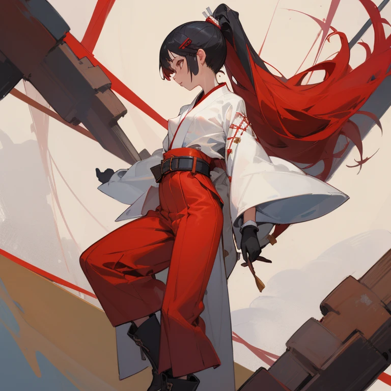 ((highest quality)), ((masterpiece)), (Become familiar with), 1 girl, alone, Black Hair,ponytail,White kimono,red hair clip,Red belt, ,slender,Long Hair,Small breasts, gloves,boots, Erect nipples,Wrap a cloth around your chest