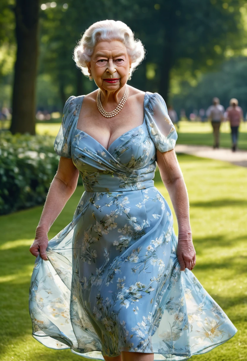 gorgeous queen elizabeth 80yo with huge breast, sheer summer dress, generous cleavage, walking on the park,wide shot, full shot, adverting for fashion company, (((saggy huge breast))), perfect body, stunningly beautiful, stunningly rapturously gorgeous, flirty and playful, film photography, film grain, extreme detail, ultra hd, hyperrealism, trending on artstation, polished, beautiful, vibrant, photorealistic, backlight, 8k