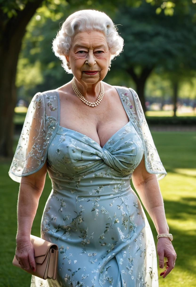 ((head grab)), (((look at viewer))), (penis cum:1.5), (deepthroat), queen elizabeth 90yo sucking penis, cleavage, (gigantic saggy breast:1.3), (in elegant color-coordinated chiffon summer outfits:1.3), (hat and pearls)