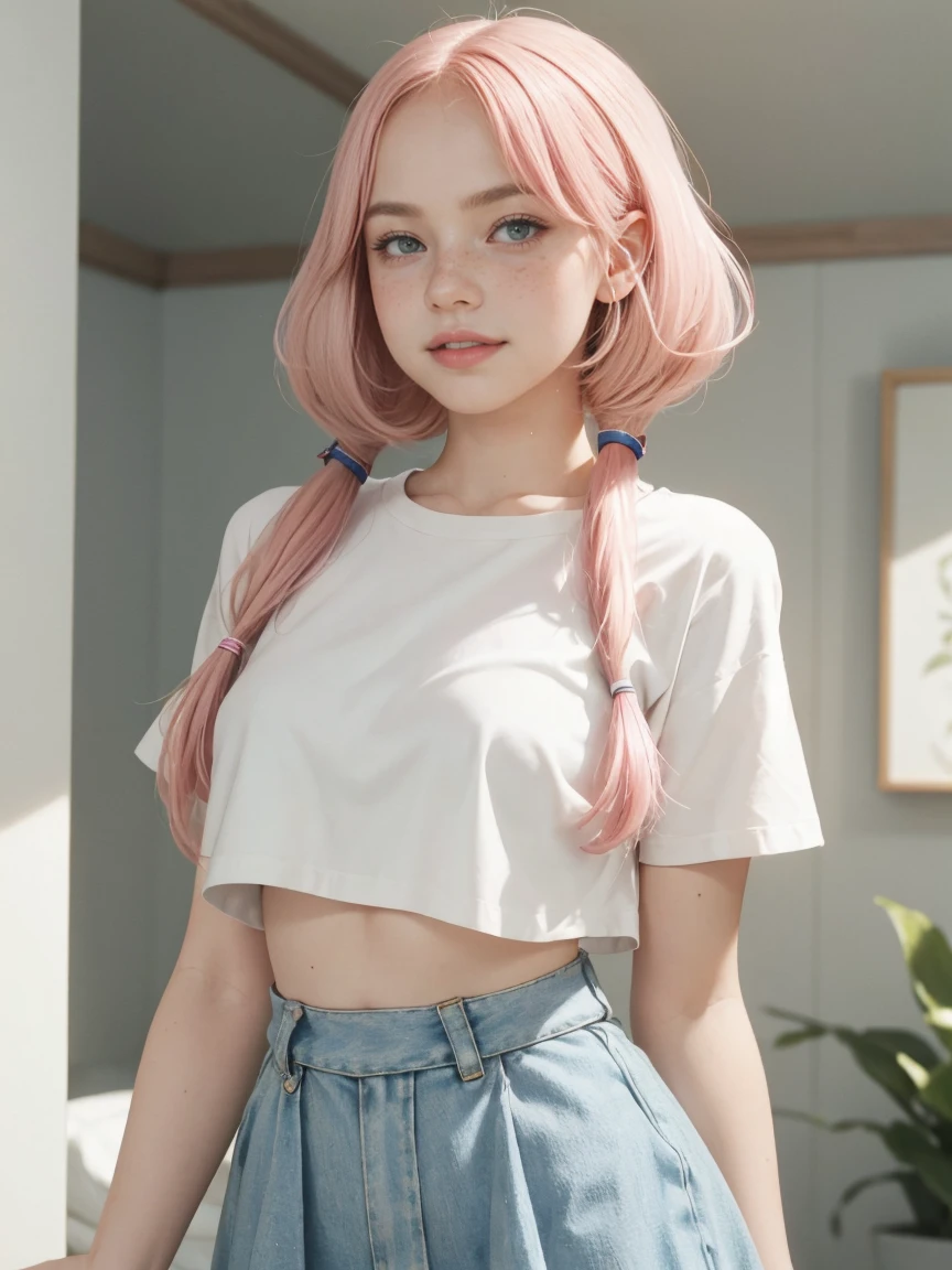 raw photo,sfw,beautiful woman standing,laughs,graphic eyeliner, rouge,soft pink hair,pigtails haircut,realistic skin texture,face freckles,midi skirt,crop t-shirt,masterpiece,blush,blushed,blushing,teen girl,pale white skin,big breasts,beautiful,sexy pose,sexy,sexy body,perfect body, softcore, warm lighting, cosy atmosphere, instagram style,simple background
