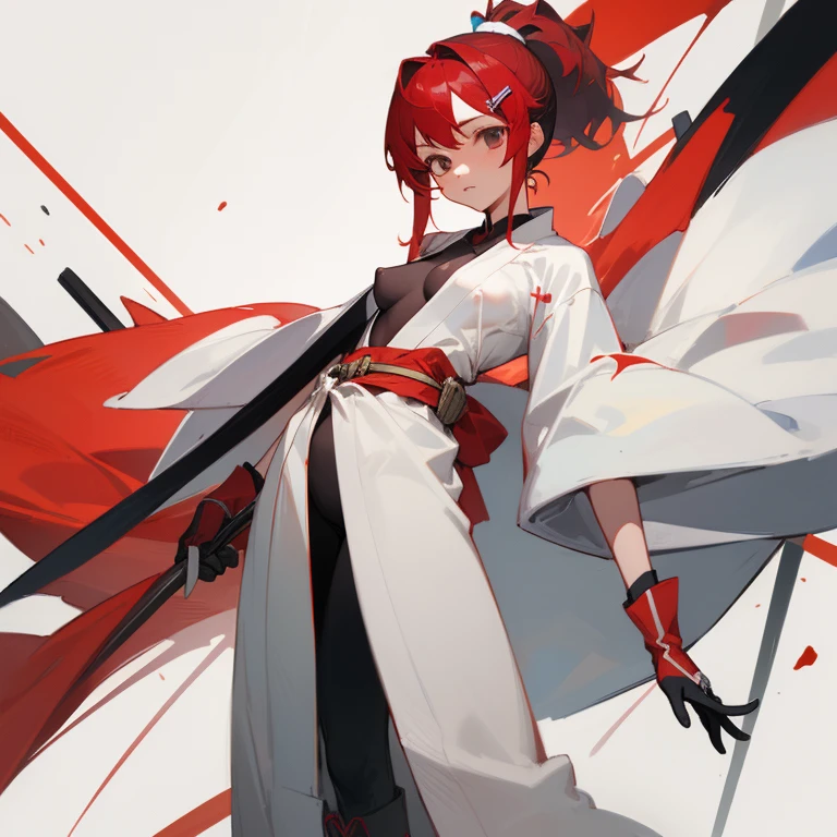 ((highest quality)), ((masterpiece)), (Become familiar with), 1 girl, alone, Black Hair,ponytail,White kimono,red hair clip,Red belt, ,slender,Long Hair,Small breasts, gloves,boots, Erect nipples,Wrap a cloth around your chest