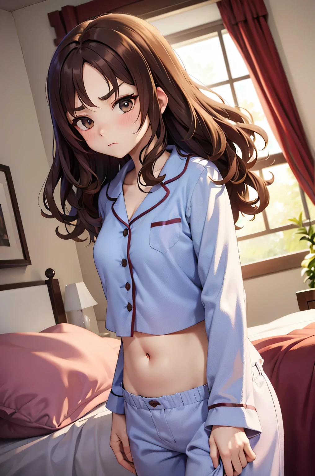 super fine illustration, vibrant colors, masterpiece, sharp focus, best quality, depth of field, cinematic lighting, ultra detailed, long sleeves, pajamas, button up, drawstring pants, pajama pants, belly button, midriff, wide hips, 1 woman, solo, home, solo, milf, very messy hair, curly hair, slender, blush, angry, room, indoors, mature woman, tall woman, looking down, v-shaped eyebrows, medium breasts