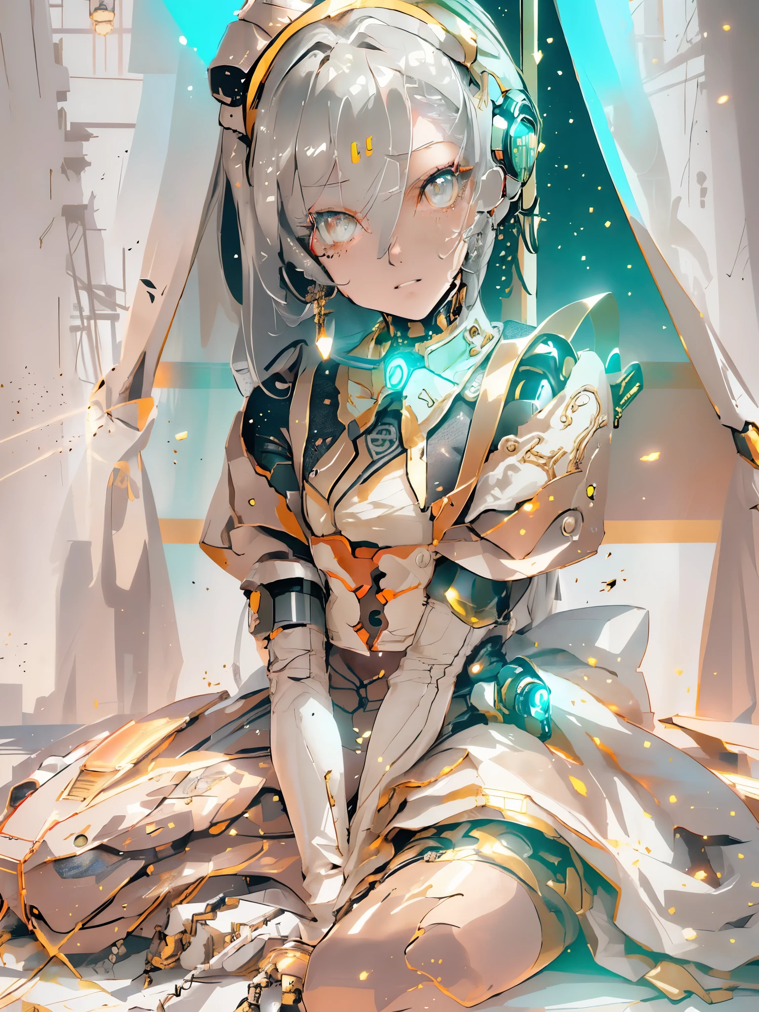 ((Film Grain, Bokeh, Particles of light ,Dust particles, extreme camera angle.)), Dynamic pose, Full body photo of a young and attractive broken cyborg woman, raise an eyebrow, night, Street lamp, Grey Hair