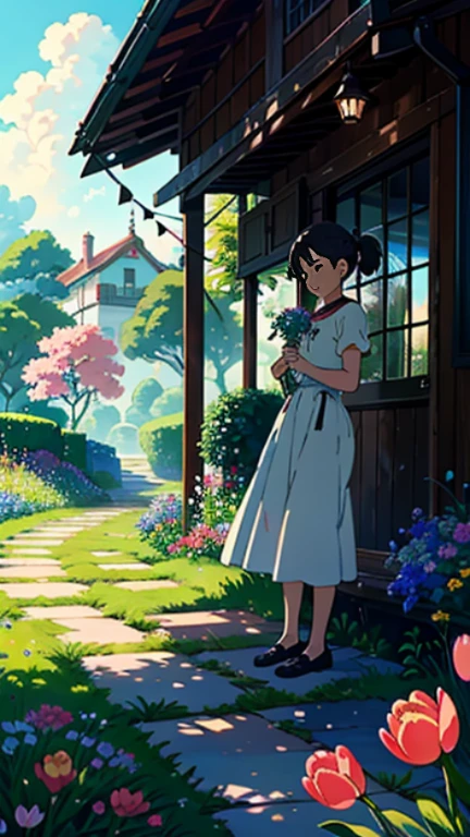 Step into a world inspired by Ghibli, In this fascinating digital painting，In soft sunlight，A magical floral garden house bursting with vibrant flowers. 🎨🌷 Immerse yourself in the beauty of nature.
🌸 Explore the whimsical gardens of Ghibli&#39;s dreams.
☀️ Bathe in the radiance of a sunny day in pixels.
🏡 Let this beautiful number take you into a blooming paradise...