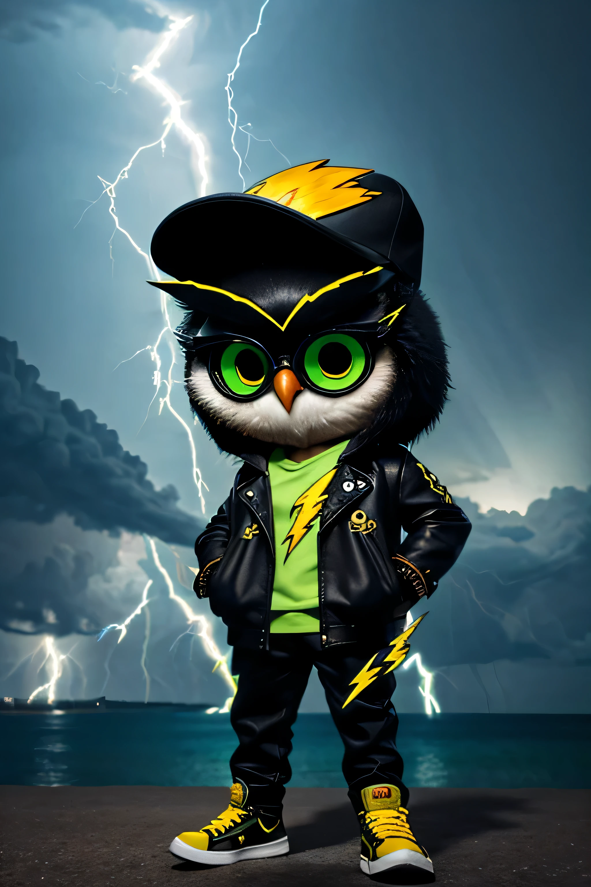 Owl wearing a hat and sunglasses,Punk,The background is green, Telegram Stickers, fursona wearing fashionable clothes, ((((lightning)))), lightning, lightning master, lightning!!!, Adventure Island, Popular on cgstation, lightning, lightning!!, Adventure Island mouse, Telegram Stickers design