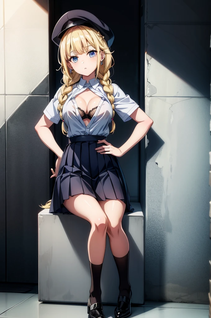 a pretty anime girl in uniform standing against a white tile wall with hands on hips in heels, 1girl, solo, braid, breasts, long hair, blonde hair, skirt, hat, black skirt, blue eyes, sitting, jewelry, twin braids, earrings, black bra, shirt, socks, looking at viewer, bra, black socks, bangs, white shirt, cleavage, short sleeves, bow, underwear, pleated skirt, white headwear, blue bow