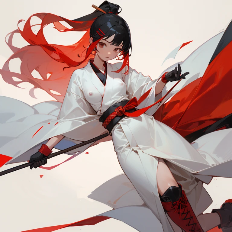 ((highest quality)), ((masterpiece)), (Become familiar with),  1 girl, alone, Black Hair,ponytail,White kimono,red hair clip,Red belt, ,slender,Long Hair,Small breasts, gloves,boots, Erect nipples,Wrap a cloth around your chest