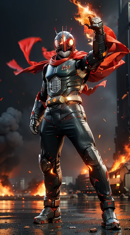 (kamen rider, (standing), (turn around), full body detailed, detailed hands, good fingers, good hands, good legs, red scarf, low hood, ((epic burning city)), ruins, floating, explosion, debris, some fire and glitter background, ultra hd, ultra realistic texture, (flare lens:1.2), (long shot:0.9)