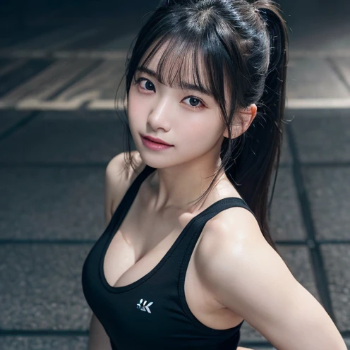 An innocent 20-year-old girl、((Black sportswear, Muscle training pose)),smile,shortcut,Sports club、RAW Photos, (8k、highest quality、masterpiece:1.2)、(Intricate details:1.4)、(Photorealistic:1.4)、Octane Rendering、Complex 3D rendering with ultra-detail, studio soft light, Rim Light, Vivid details, Super Detail, Realistic skin texture, Detailed aspect, Beautiful details in the eyes, Highly detailed CG Unity 16k wallpaper, compensate, (Detailed Background:1.2), Glowing Skin, whole body、Cleavage,((standing with hands clasped behind the back、Leaning forward、Angle from above))