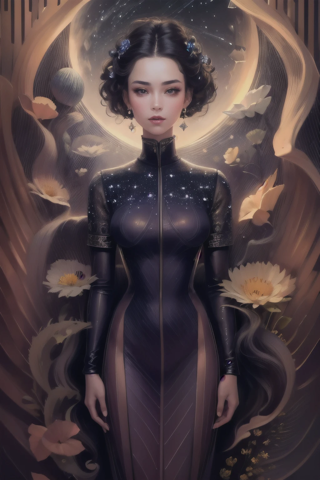 (best quality, highres, realistic:1.37), detailed portrait, girl in a garden, beautiful detailed eyes, beautiful detailed lips, long eyelashes, fashionable clothing, confident and elegant posture, unique catwalk style, starry night pattern on the jacket, vibrant colors, rich textures, soft and glowing lighting, runway atmosphere, asian model