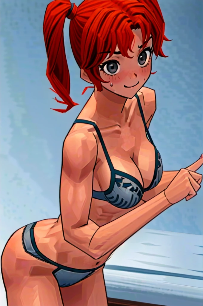 Twintail, red haired, 1girl, (grey eyes:1.5), well toned, well built, muscled, toned muscles, blushing, sweating, smiling, She is depicted in a solo composition, with captivating grey eyes her hair in a side ponytail being held by a blue ribbon that looks like bunny ears and a striking pink bra and pantie's. She lays on top of a bed, (she is pulling with the tip of her finger her bra away from her chest:1.3)