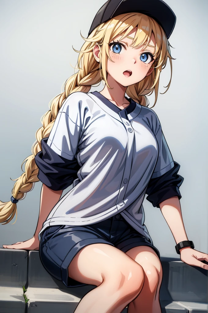 a drawing is of a cartoon girl in a bright outfit and a hat, 1girl, solo, hat, blonde hair, thighhighs, braid, sitting, shorts, smile, jacket, shirt, shoes, black headwear, long hair, baseball cap, twin braids, blue eyes, breasts, black thighhighs, white shirt,Eiko Tsukimi, blue eyes, braid, twin braid, blonde hair, long hair,baseball cap