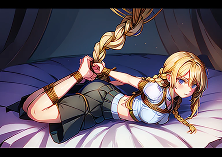 Shiny blond hair, very long hair, sophisticated haircut, ((((hair fully braided)))), ((small twisted braids)), thin and oval face, submissive, ((((tight wool crop top)))), ((((tight skirt)))), cute and blushing 18 years old anime girl, look away because she is embarrassed and blushes, bright blue eyes, detailed face, detailed members, detailed arms, detailed hands, Girl lying, tied by ropes, shackled, can no longer move, tied tightly, very hard tied up with lots of ropes, hampered by so many ropes that she can no longer move, bound hands and feet, ropes tie his whole body, tied extremely tightly and forcefully to her bed by a lot of ropes, its limbs are strongly tied together by ropes, his torso is tied up with thick cords, her chest is so tied up with ropes that it sticks out, her legs are tied tightly with thick ropes, his hands are tied behind his back with ropes, she can no longer move her feet, her hands which are tied by thick ropes, she desperately tries to free herself, likes to be tied tight with big ropes, likes to be immobilized by big ropes, lying down, his hands and feet are strongly tied to the railing of his bed, his legs are pressed together and tied with ropes, its limbs are held vigorously by imposing ropes, her hands are tied securely behind her back by ropes, her chest is compressed by strong ropes, she is pressed against her bed and restrained by large ropes, (shibari, arms behind the back:1.4), (hands on the back), (masterpiece, best quality) 1.5, 1girl, solo, (sexy, beautiful woman, perfect face, perfect eyes, perfect hands), samus aran, (hands on the back), Spread the legs, s' ((lie in bed by big ropes)), ((close up of the girl)), ((((lie in bed)))), ((((arms tied behind the back, Legs Tied,La fille est allongée sur le ventre, La fille est allongée sur le sol:1.5)))), ((((girl seen from behind:1.4)))), ((((girl lying down on her stomach:1.4)))), ((((Outstretched arms:1.5)))), ((((Detailed hands:1.5))))