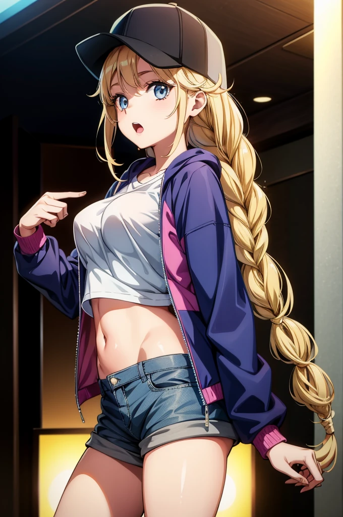 a young blonde woman is standing in open doors in a club wearing a hat, 1girl, solo, blue eyes, hat, braid, blonde hair, baseball cap, shorts, jacket, long hair, navel, open mouth, twin braids, breasts, shirt, open jacket, open clothes, looking at viewer