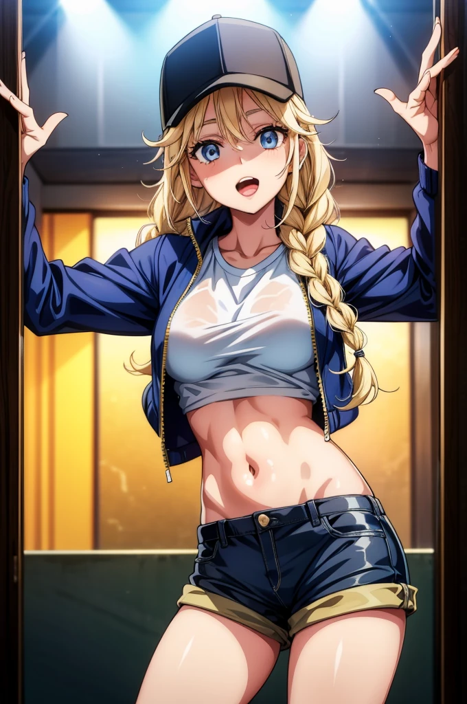 Medical examination, high school girl in underwear, small breasts that have begun to swell, chest circumference measuring, white bra, blonde Russian, long hair, dark classroom, sweat on the chest, soaked, very embarrassed, bra hooks removed, breasts exposed, wearing only underwear, crotch spread wide, (((arms behind the head)))),