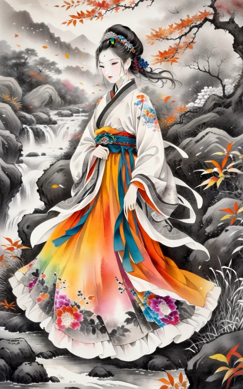 Traditional Chinese ink painting,Black and white ink painting,woman, Floral Skirt, rich and colorful, fair, fall, fallen leaves, vegnette&#039;background, Flower Armor, Autumn theme, Battlefield gunsmoke, exposure mix, Mid-shot, Bokeh, (HDR: 1.4) , High contrast, (Movie, Warm orange: 0.85) , (Soft colors, Dark, soothing tone: 1.3) , Low saturation, (xxmix woman) , Rainbow Girl, Bhikkhu, painting, icing