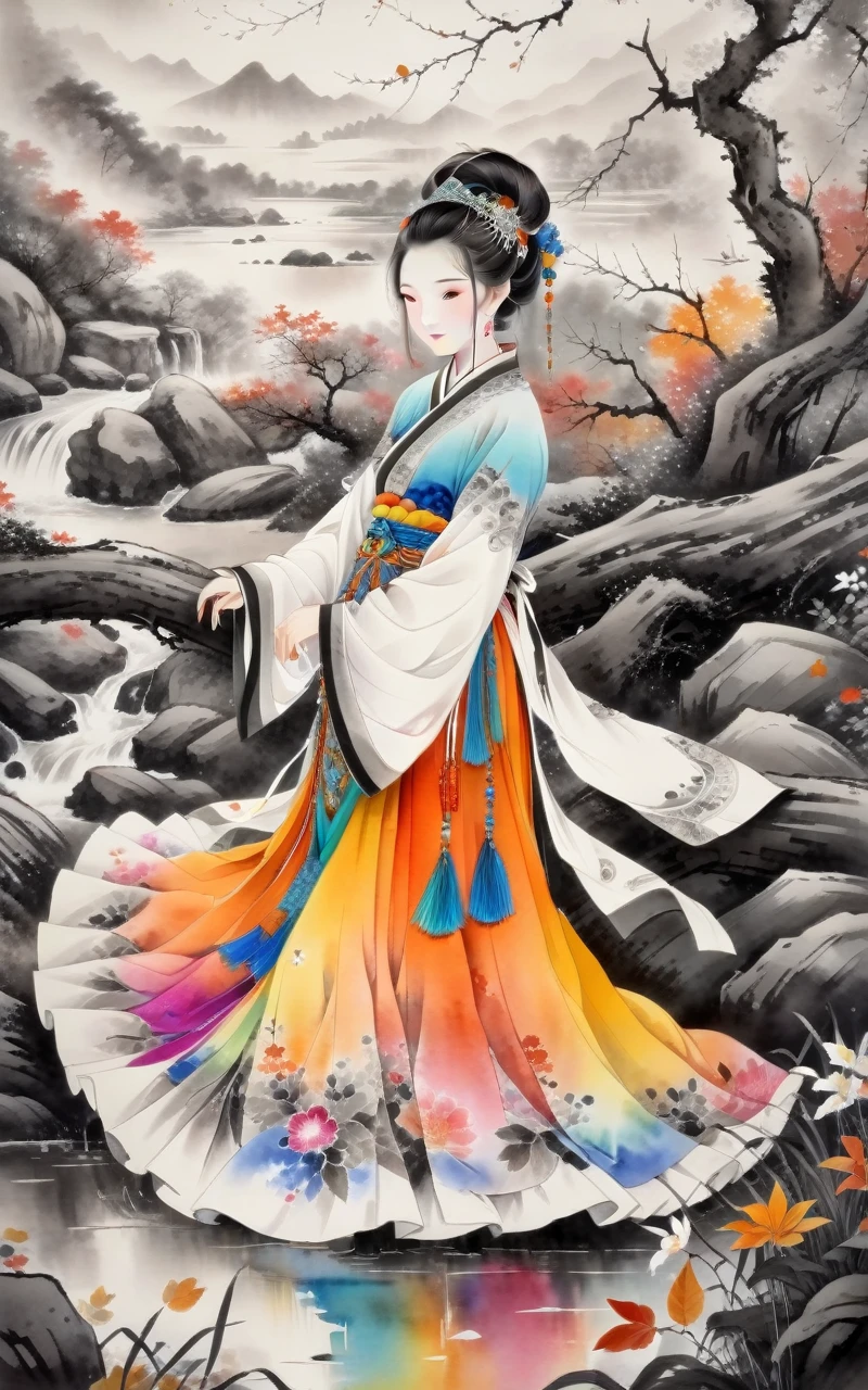 Traditional Chinese ink painting,Black and white ink painting,woman, Floral Skirt, rich and colorful, fair, fall, fallen leaves, vegnette&#039;background, Flower Armor, Autumn theme, Battlefield gunsmoke, exposure mix, Mid-shot, Bokeh, (HDR: 1.4) , High contrast, (Movie, Warm orange: 0.85) , (Soft colors, Dark, soothing tone: 1.3) , Low saturation, (xxmix woman) , Rainbow Girl, Bhikkhu, painting, icing