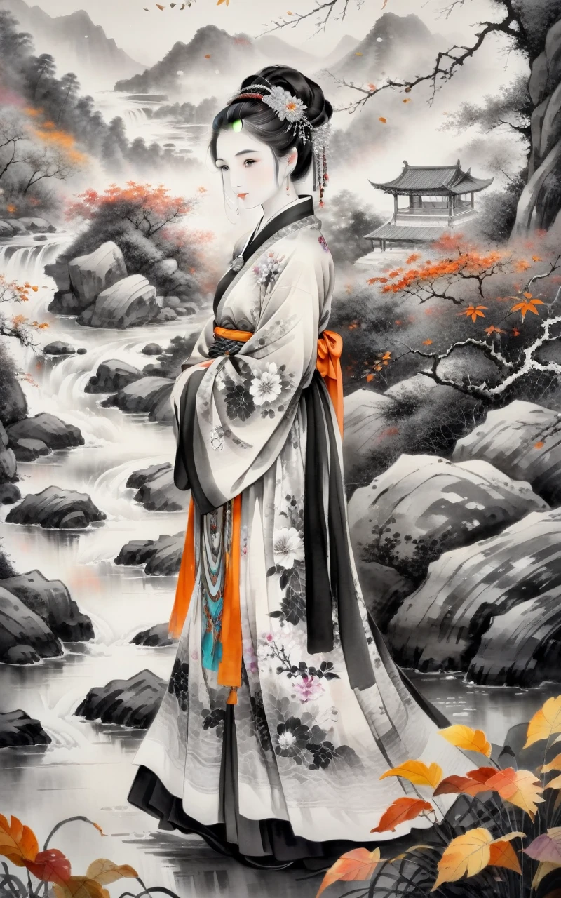 Traditional Chinese ink painting,Black and white ink painting,woman, Floral Skirt, rich and colorful, fair, fall, fallen leaves, vegnette&#039;background, Flower Armor, Autumn theme, Battlefield gunsmoke, exposure mix, Mid-shot, Bokeh, (HDR: 1.4) , High contrast, (Movie, Warm orange: 0.85) , (Soft colors, Dark, soothing tone: 1.3) , Low saturation, (xxmix woman) , Rainbow Girl, Bhikkhu, painting, icing