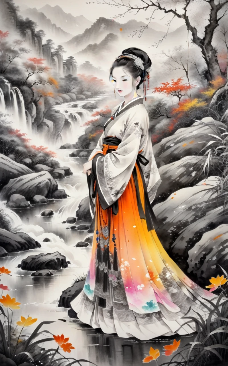 Traditional Chinese ink painting,Black and white ink painting,woman, Floral Skirt, rich and colorful, fair, fall, fallen leaves, vegnette&#039;background, Flower Armor, Autumn theme, Battlefield gunsmoke, exposure mix, Mid-shot, Bokeh, (HDR: 1.4) , High contrast, (Movie, Warm orange: 0.85) , (Soft colors, Dark, soothing tone: 1.3) , Low saturation, (xxmix woman) , Rainbow Girl, Bhikkhu, painting, icing