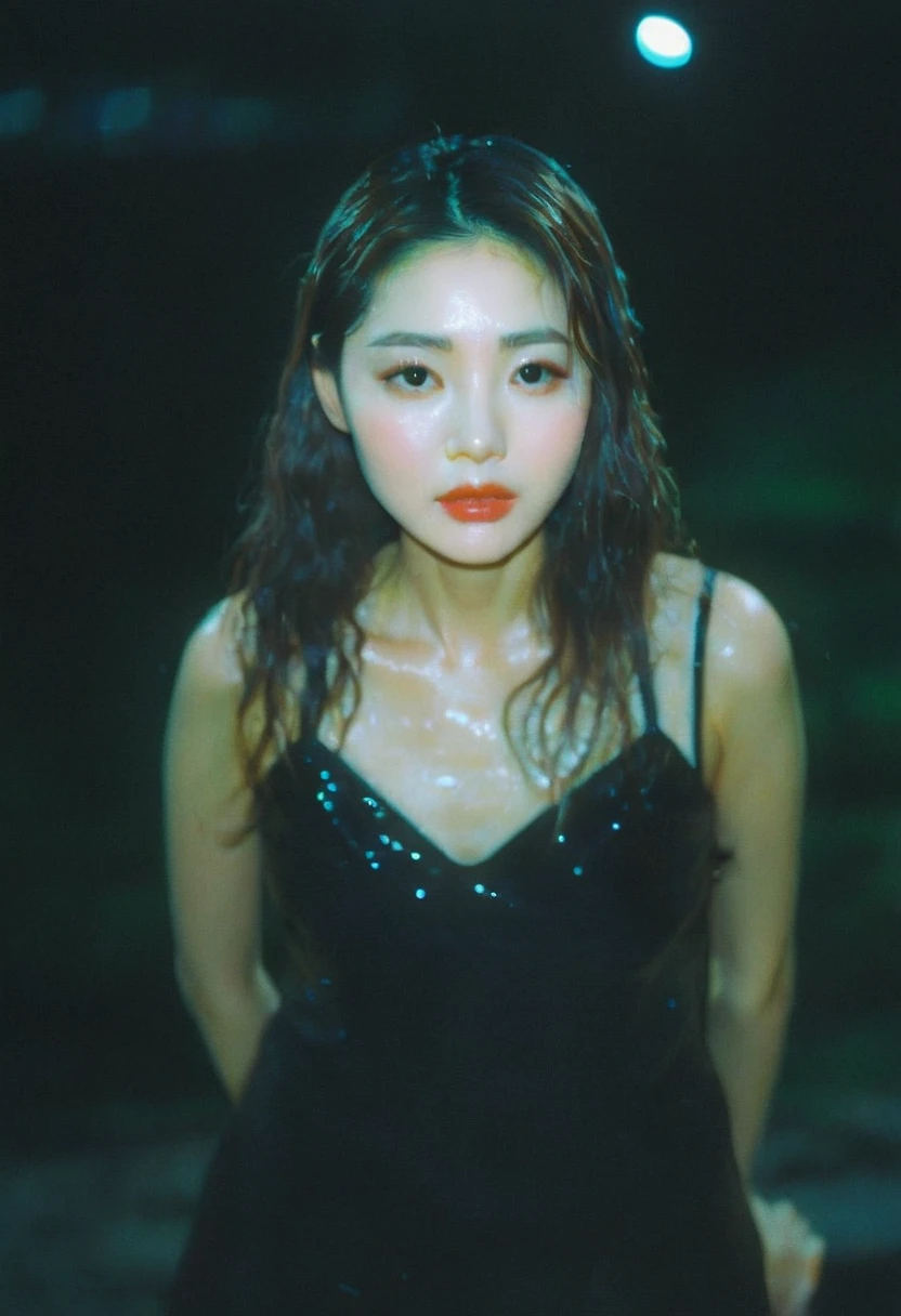 night scene, dark, Stunning photography with beautiful color saturation by Emily Soto., Cute Korean girl idol, (mature:1.3), best quality, hot, charming, wet (looking at the audience:1.3,shot on vhs