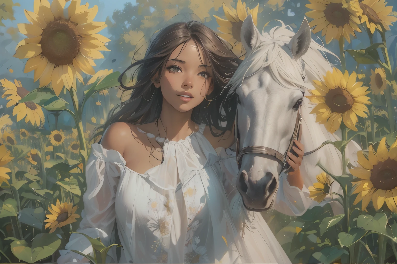 (best quality, highres, realistic), black girl, white horse, sunflower field, beautiful detailed eyes, flowing hair, vibrant colors, joyful expression, galloping horse, golden sunlight, soft shadows, picturesque landscape, oil painting style, realistic textures, detailed grass and flowers, clear blue sky, summer breeze.