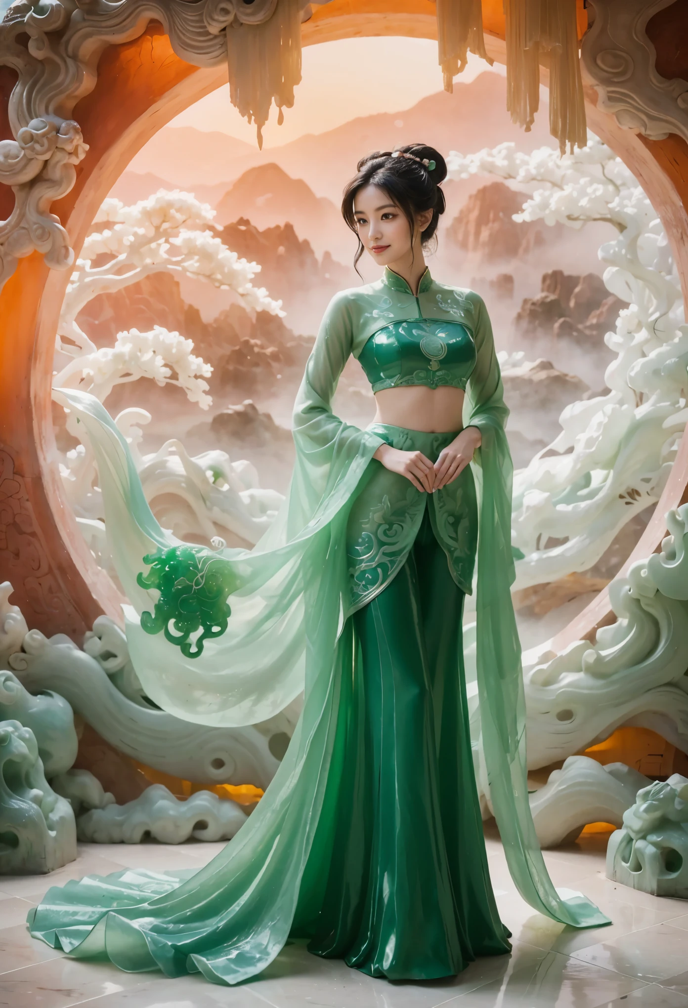 Photography of a lady standing before a massive jade screen adorned with a landscape carving, showcasing intricate details of mountains, rivers, and nature. The lady, is bishoujo_senshi_sailor_moon, realistic, jade leggings, solo,jade hair,ruby,Anatomically correct,jade suits,smile,beautiful. The contrast between the lady's presence and the elaborate jade artwork creates a striking composition that highlights the beauty of both the natural and artistic elements in the photograph