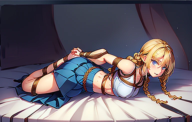 Shiny blond hair, very long hair, sophisticated haircut, ((((hair fully braided)))), ((small  braids)), thin and oval face, submissive, ((((tight wool crop top)))), ((((tight skirt)))), cute and blushing 18 years old anime girl, look away because she is embarrassed and blushes, bright blue eyes, detailed face, detailed members, detailed arms, detailed hands, Girl lying, tied by ropes, shackled, can no longer move, tied tightly, very hard tied up with lots of ropes, hampered by so many ropes that she can no longer move, bound hands and feet, ropes tie his whole body, tied extremely tightly and forcefully to her bed by a lot of ropes, its limbs are strongly tied together by ropes, his torso is tied up with thick cords, her chest is so tied up with ropes that it sticks out, her legs are tied tightly with thick ropes, his hands are tied behind his back with ropes, she can no longer move her feet, her hands which are tied by thick ropes, she desperately tries to free herself, likes to be tied tight with big ropes, likes to be immobilized by big ropes, lying down, his hands and feet are strongly tied to the railing of his bed, his legs are pressed together and tied with ropes, its limbs are held viously by imposing ropes, her hands are tied securely behind her back by ropes, her chest is compressed by strong ropes, she is pressed against her bed and restrained by large ropes, (shibari, arms behind the back:1.4), (hands on the back), (masterpiece, best quality) 1.5, 1girl, solo, (sexy, beaul woman, perfect face, perfect eyes, perfect hands), samus aran, (hands on the back), Spread the legs, s&#39; ((lie in bed by big ropes)), ((close up of the girl)), ((((lie in bed)))), ((((arms tied behind the back, Legs Tied,La fille est allongée sur le ventre, La fille est allongée sur le sol:1.5)))), ((((girl seen from behind:1.4)))), ((((girl lying down on her stomach:1.4)))), ((((Outstretched arms:1.5)))), ((((Detailed hands:1.5))))