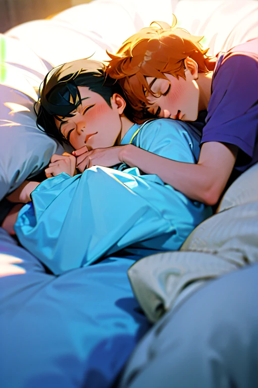 two gay men sleeping in bed, 2000's anime sty;e