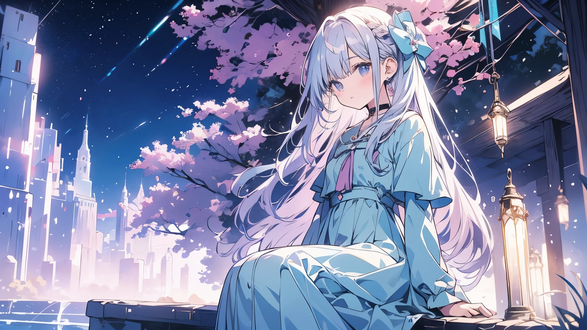 Anime Girl, light blue dress, white with a hint of light purple hair, sitting by the river, forest, darkness, nature, current, DARK NIGHT , the grass glows blue.