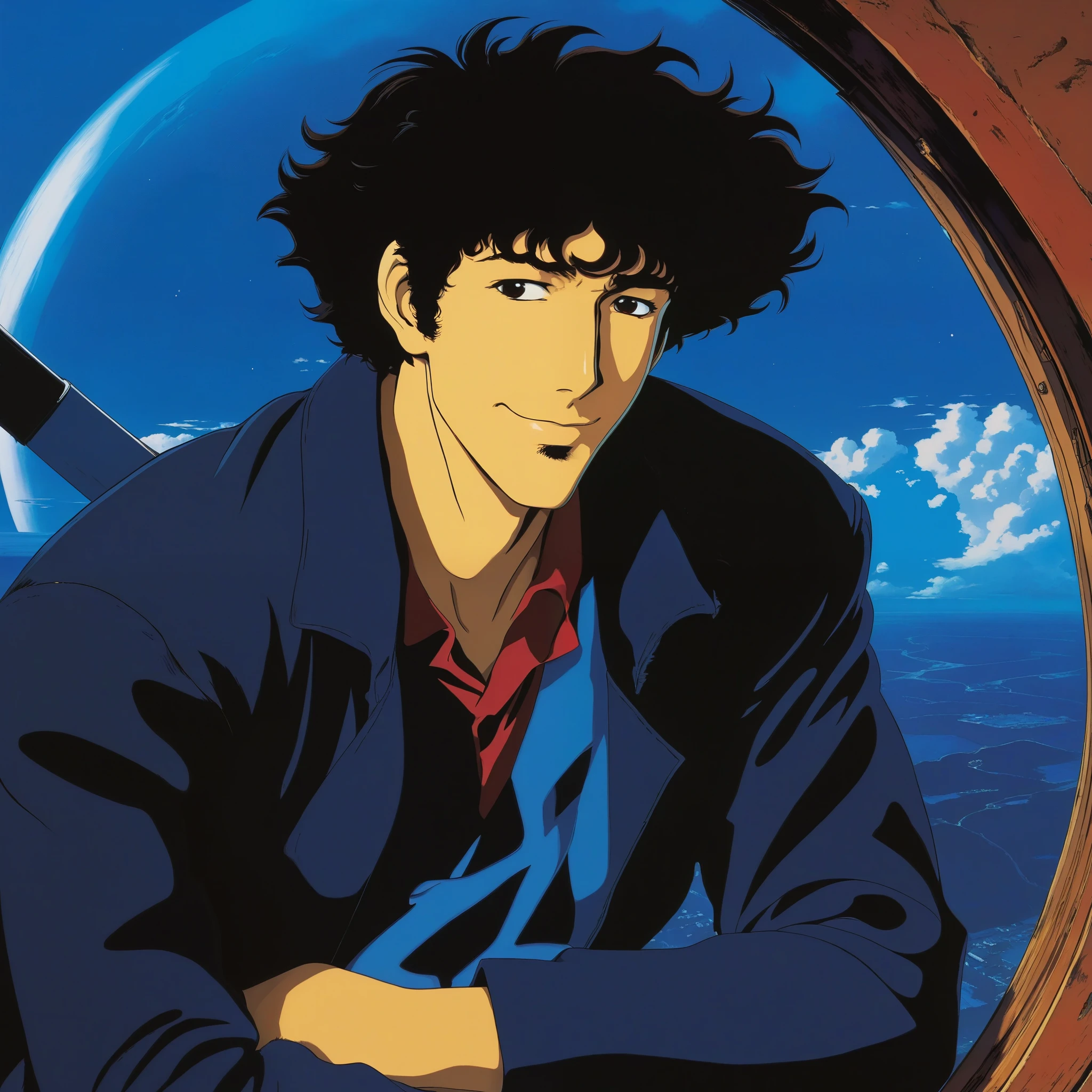 (Best Quality, Masterpiece, High Resolution, HD, Super Detail, Official Art, 90s anime style), Cowboy Bebop, Spike Spiegel,brown eyes, smile,black hair,1boy, Behind a Large Round Window (Outside the Window is the Giant Blue Planet),