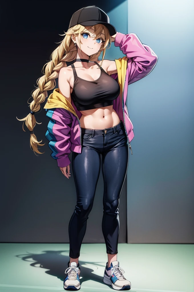 a cartoon anime girl posing in a black hat and outfit while holding a cell phone, 1girl, twin braids, solo, pants, braid, breasts, hat, blonde hair, blue eyes, large breasts, denim, jeans, long hair, hand on hip, blush, black headwear, looking at viewer, jacket, baseball cap, long sleeves, outdoors