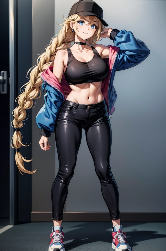 an anime woman in tight pants and top posing with jacket and cap, 1girl, solo, breasts, hat, blue eyes, blonde hair, navel, jacket, shoes, baseball cap, large breasts, twin braids, long hair, braid, black headwear, blue jacket, off shoulder, midriff, crop top, sneakers, looking at viewer, open jacket, smile, open clothes, choker, full body, bare shoulders, collarbone, pants, black choker, earrings, standing