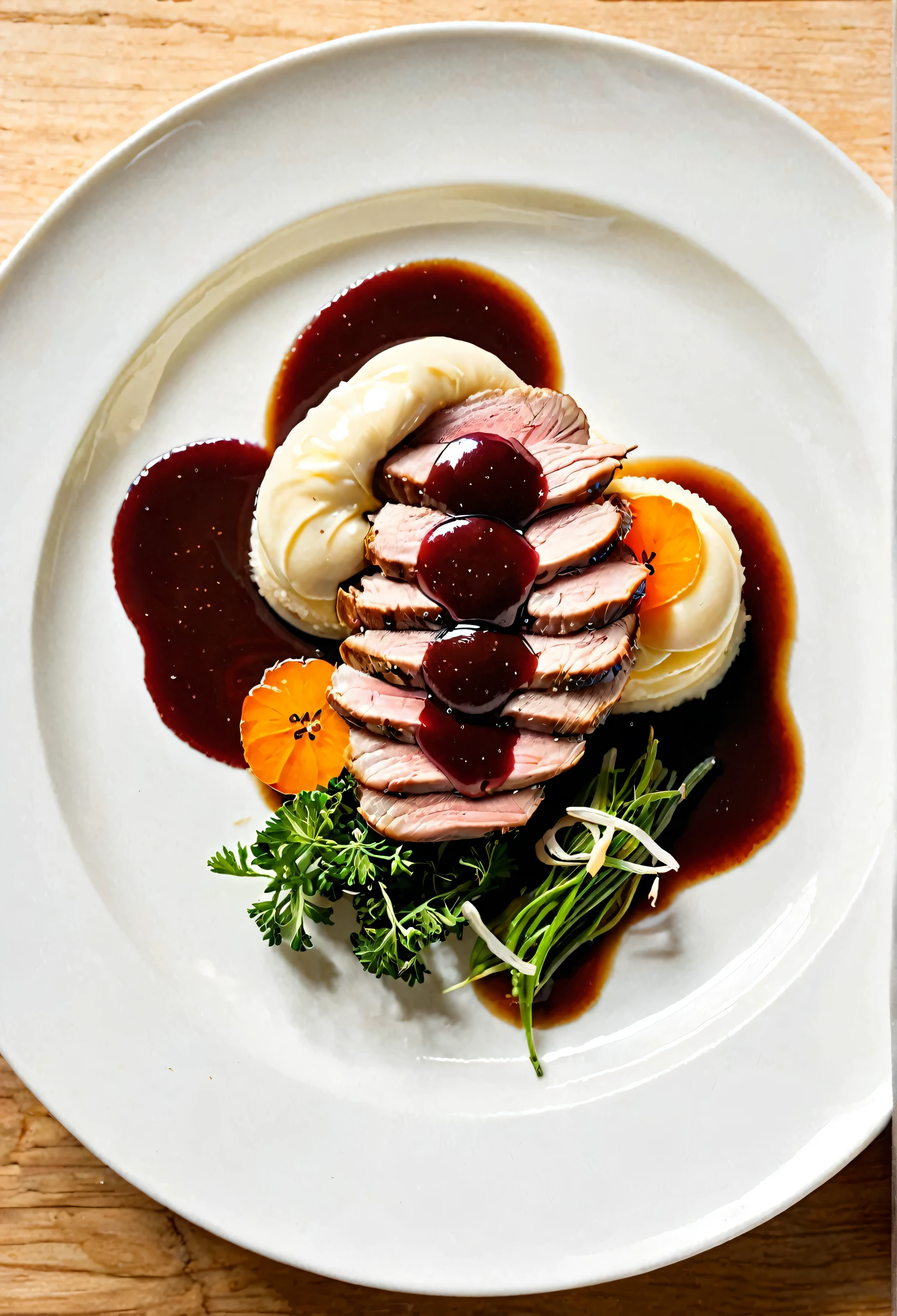 Create a realistic 4k 45-degree angle photo of a roasted duck breast. It is sliced thinly. Slices have a brown thick sauce on top. Make sure to put the sauce on top of the slices. There is a small portion of a potato purèe in the shape of a ice cream scoop ball. There is a glossy raspberry sauce near the ball a different sauce from the brown sauce. There are some vegetables to finish the composition, some roasted carrots, some roasted shallots, some greens to balance color. The dish is really fancy, like a three-michelin-star dish. The dish is made of porcelain, round and white. 
