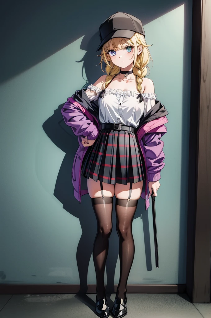 a cartoon lady holding a bat and in a skirt posing for a photo, 1girl, solo, thighhighs, skirt, blue eyes, hat, jacket, blonde hair, off shoulder, long hair, garter straps, looking at viewer, black headwear, braid, black footwear, holding, choker, miniskirt, twin braids, graffiti, open clothes, baseball cap, plaid, pleated skirt, breasts, black thighhighs, white shirt, bare shoulders, plaid skirt, long sleeves, open jacket, shirt, full body, zettai ryouiki, collarbone, shoes